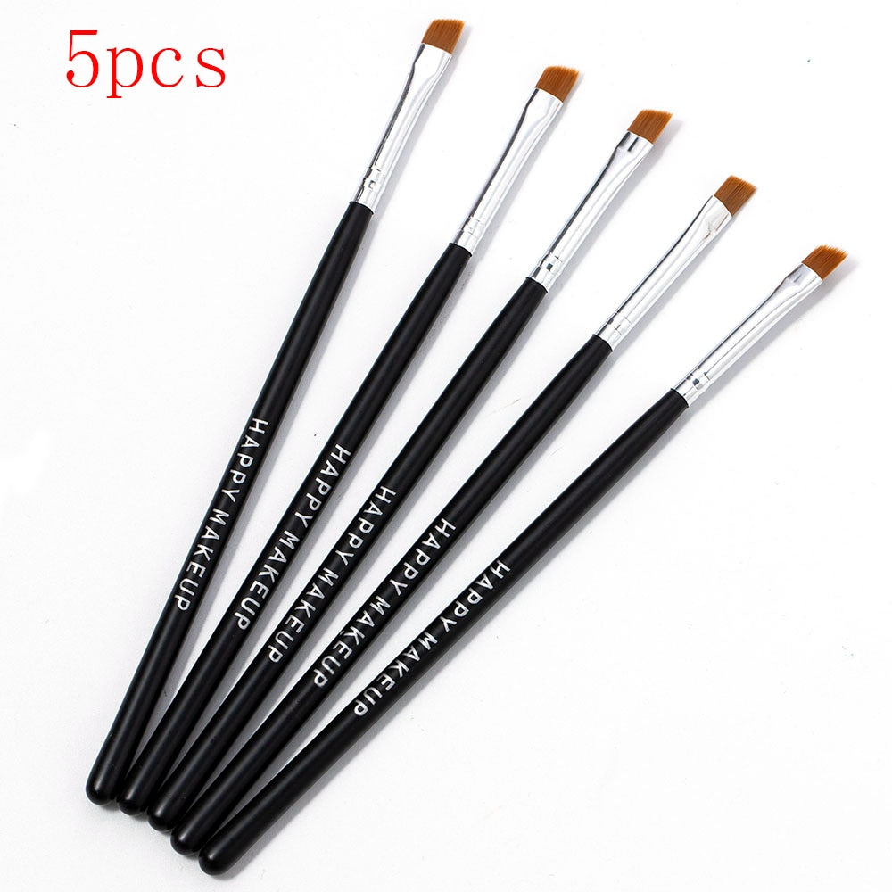 5-Piece Angled Eyebrow / Eyeliner Brush Set | Black Flat & Inclined — Pro Makeup Tools